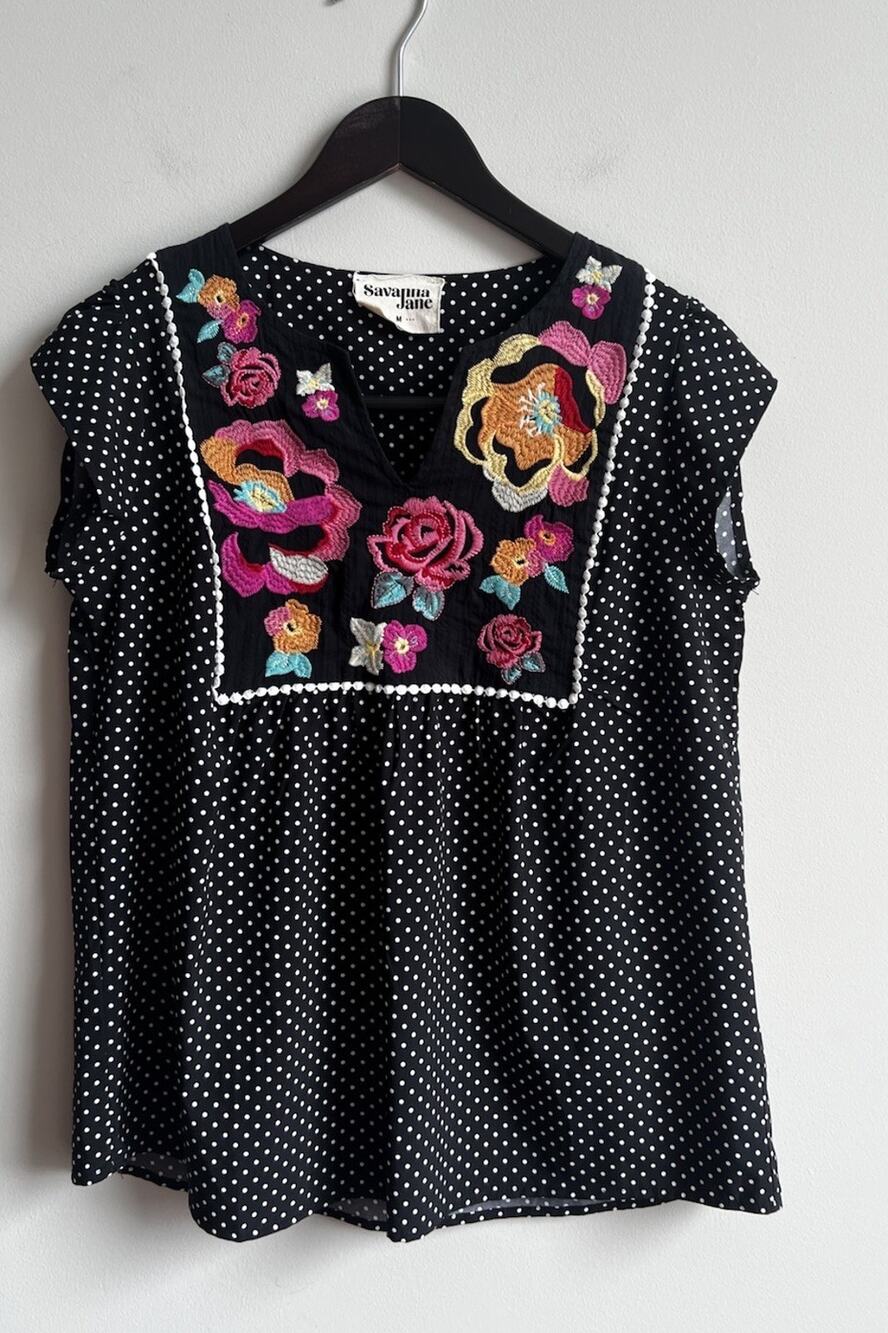 Savanna Jane Boho Embroidered Top Womens Medium Polka Dot Floral